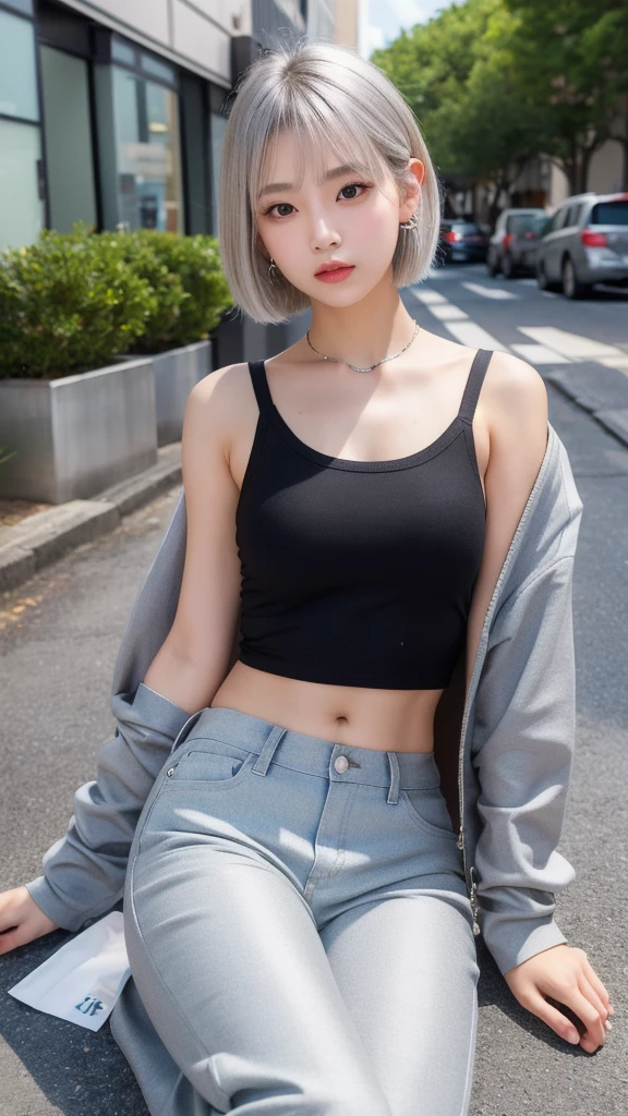 (8K, Photorealistic, Raw photo, Highest quality: 1.4),Japanese idol-style beautiful girl,model,1 person,18-year-old,(Short Bob),(Silver Hair :1.2),She has her hair tucked behind her ears,Clear grey eyes,Long eyelashes,(piercings(small)),(Lip gloss),lips(Plump,glossy),thin long neck,(Micro T-shirt((Perfect for the skin),(Short length that shows the navel))),Wide leg pants((Black),(Sweat fabric),(Length that covers the instep)),(Wearing a jacket),Pumps with heels,Full body portrait