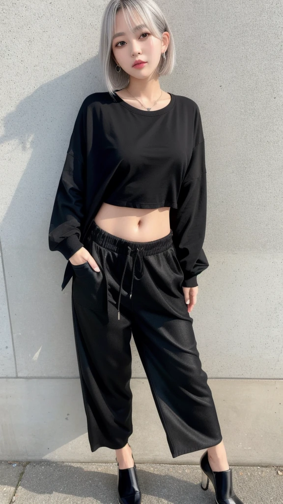(8K, Photorealistic, Raw photo, Highest quality: 1.4),Japanese idol-style beautiful girl,model,1 person,18-year-old,(Short Bob),(Silver Hair :1.2),She has her hair tucked behind her ears,Clear grey eyes,Long eyelashes,(piercings(small)),(Lip gloss),lips(Plump,glossy),thin long neck,(Micro T-shirt((Perfect for the skin),(Short length that shows the navel))),Wide leg pants((Black),(Sweat fabric),(Length that covers the instep)),(Wearing a jacket),Pumps with heels,Full body portrait