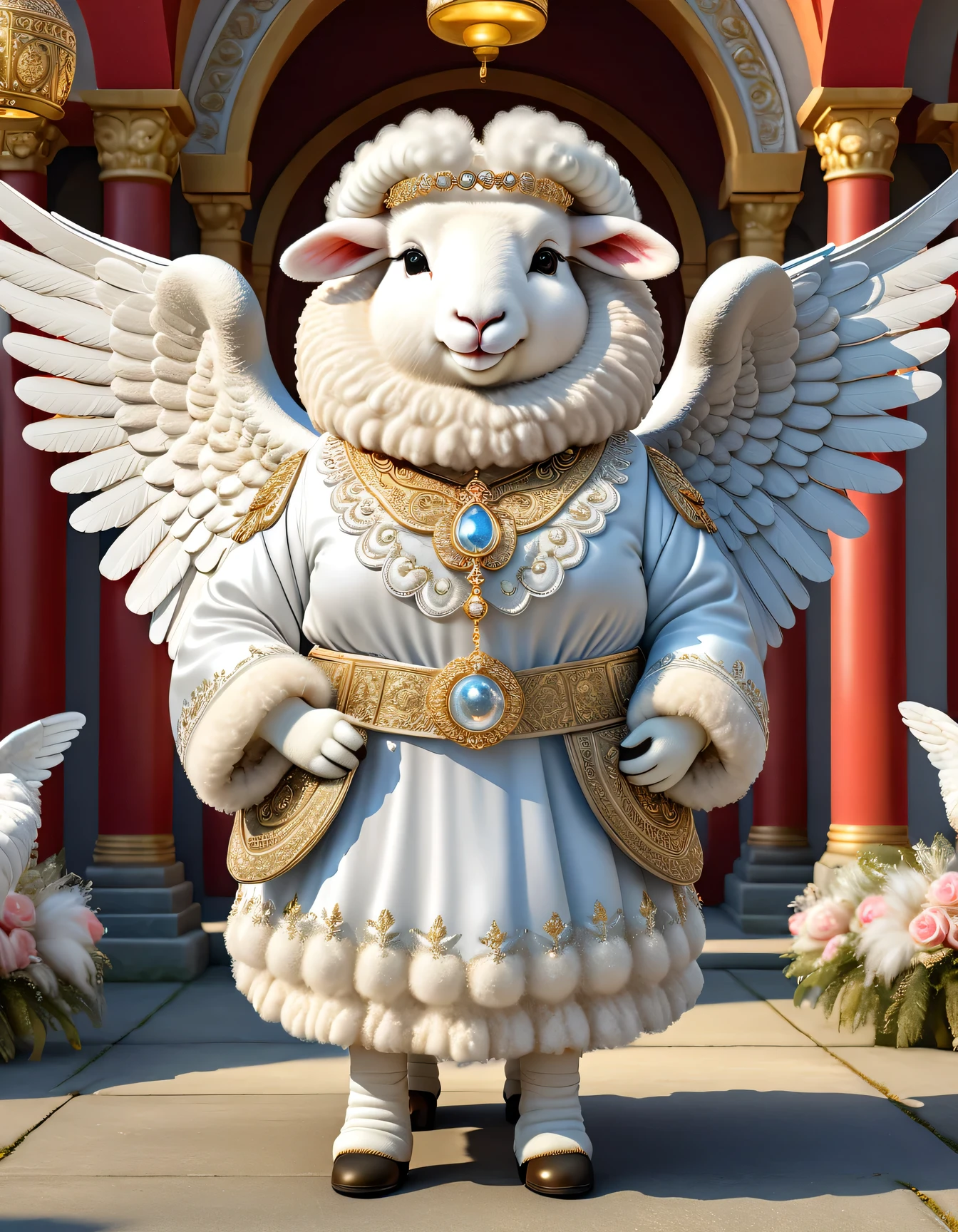 photorealistic portrait of Dressed animals-a ((fat)) ((angora sheep)) angel,(furry:1.5), (elegant pose:1.5), (hands on hips:1.5),(smile:1.5),high quality,(angel wings),(lovely) ,intricate details, Wearing angel clothes , (angel's ring above head), highly detailed ((angel wings)) ,highly detailed decorations of clothes, angel boots , (happy), soft lighting,(full body image:2.0),holy temple background,(clouds),