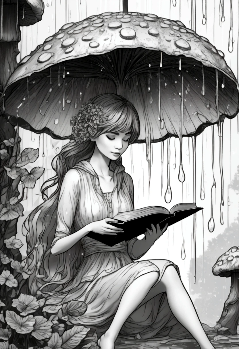 A fairy reading a book under a mushroom umbrella during a light rain, floral frame, decorative panel, abstract ,sketch, character lines and scenes without colors and shadows. (Masterpiece, Best Quality, Highres:1.4), Detailed, Intricate Details, 4K, color splashes, line art