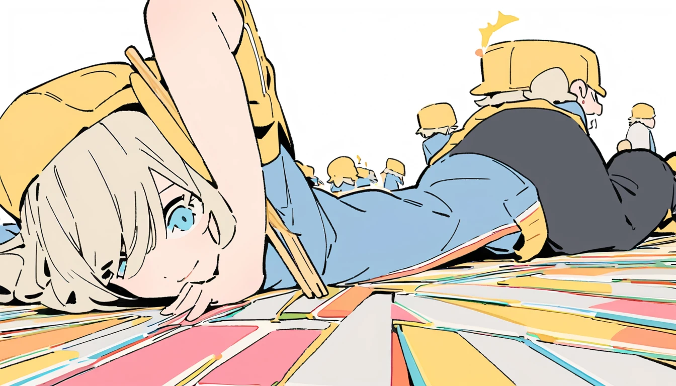 flat color,(best quality, masterpiece, ultra highres, ultra-detailed:1.2) , top-tier quality, tween girl,((There are too many beige disposable chopsticks on the floor)),plain Yellow cap,plain Sky-Blue Polo-Shirt,black pants,blank space,white background,White floor,