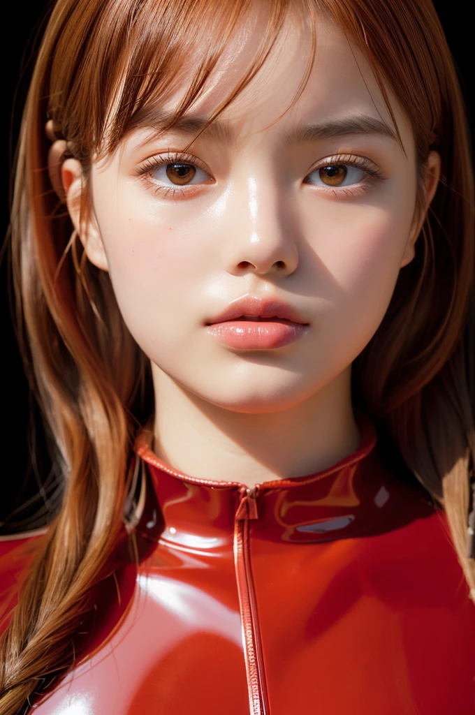 (Genuine))))photograph, ((whole body:1.1)), Highest quality, 1 female, Ultra detailed face, Detailed lips, Fine grain, double eyelid, Beautiful Face, Beautiful Eyes, (Red bodysuit, Red latex), (Shiny), Orange Hair, Twin tails, Narrow waist, Highest quality, Pale skin, Sue Liu Asuka Langle, Plug Suit 02, Black background, (Face and eye details:1.1) , Self-righteous, blush, ((shy)), Very delicate and beautiful girl, Dynamic pose, (to8contrastスタイル)