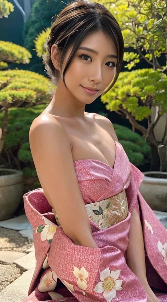 (Photorealsitic:1.4), (Top image quality:1.0), (超A high resolution:1.0), 8K, Raw photography, (​masterpiece:0.2), (pureerosface_v1:0.5)、(Best Quality Detail:1.2)、realisitic、8K UHD、hight resolution、(1girl in:1.2)、The ultra-detailed、High quality textures、intricate detailes、detaileds、Very detailed CG、High quality shadows、Detail Beautiful delicate face、Detail Beautiful delicate eyes、depth of fields、Ray traching,1girl in, japanaese girl, Cute,Natural face、 slender, Black kimono, Kimono with Japanese pattern,Floral scrunchie, Beautiful skin, Facing the front,Sit down, Sit upright and say thank you,Align your hands elegantly,Smile faintly The Land of Japan,Japanese garden,Luxury Japanese-style room, skyporn, Magic Hour, (Realistic:1.3), Finely detailed, quality, (masutepiece:1.2), (Photorealistic:1.2), (Best Quality), (Intricate details), Dramatic, Ray tracing, photograph, +Lola、off shoulders、A sexy　Gal　valley