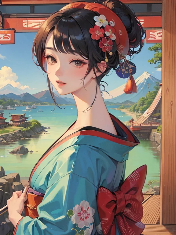 (Highest quality、masterpiece、High resolution、8K)、Vibrant colors、Ukiyo-e、Utamaro、Kimono Beauty、look back、bridge、river、Mount Fuji in the distance、Japanese style scenery、Official Art、