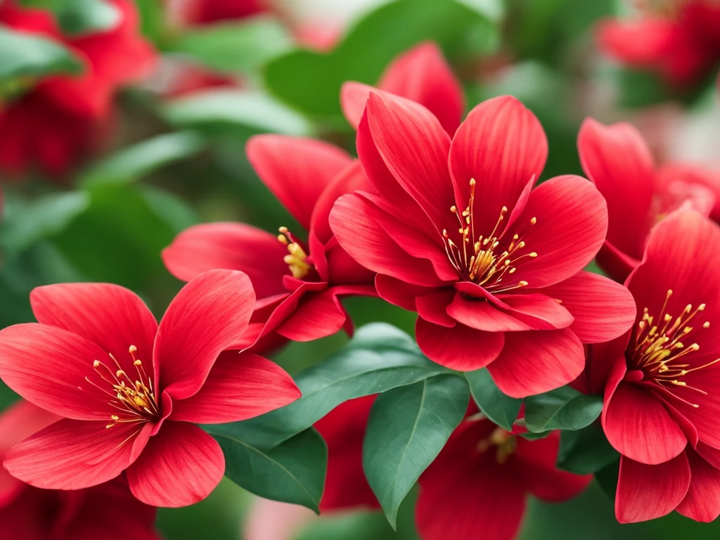 a close up of a red flower with a blurry background, plum blossom, beautiful flower, red blooming flowers, 🌺 cgsociety, red flower, glowing red, beautiful detail, beautiful detail and color, fine details. red, red flowers, vibrant red colors, beautiful!!!!!!!!!, beautiful vibrant colors, beautiful colours, vibrant but dreary red