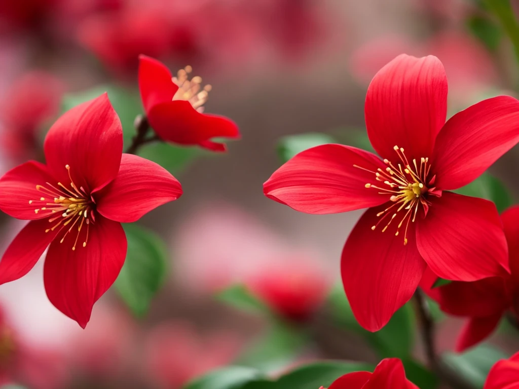 a close up of a red flower with a blurry background, plum blossom, beautiful flower, red blooming flowers, 🌺 cgsociety, red flower, glowing red, beautiful detail, beautiful detail and color, fine details. red, red flowers, vibrant red colors, beautiful!!!!!!!!!, beautiful vibrant colors, beautiful colours, vibrant but dreary red