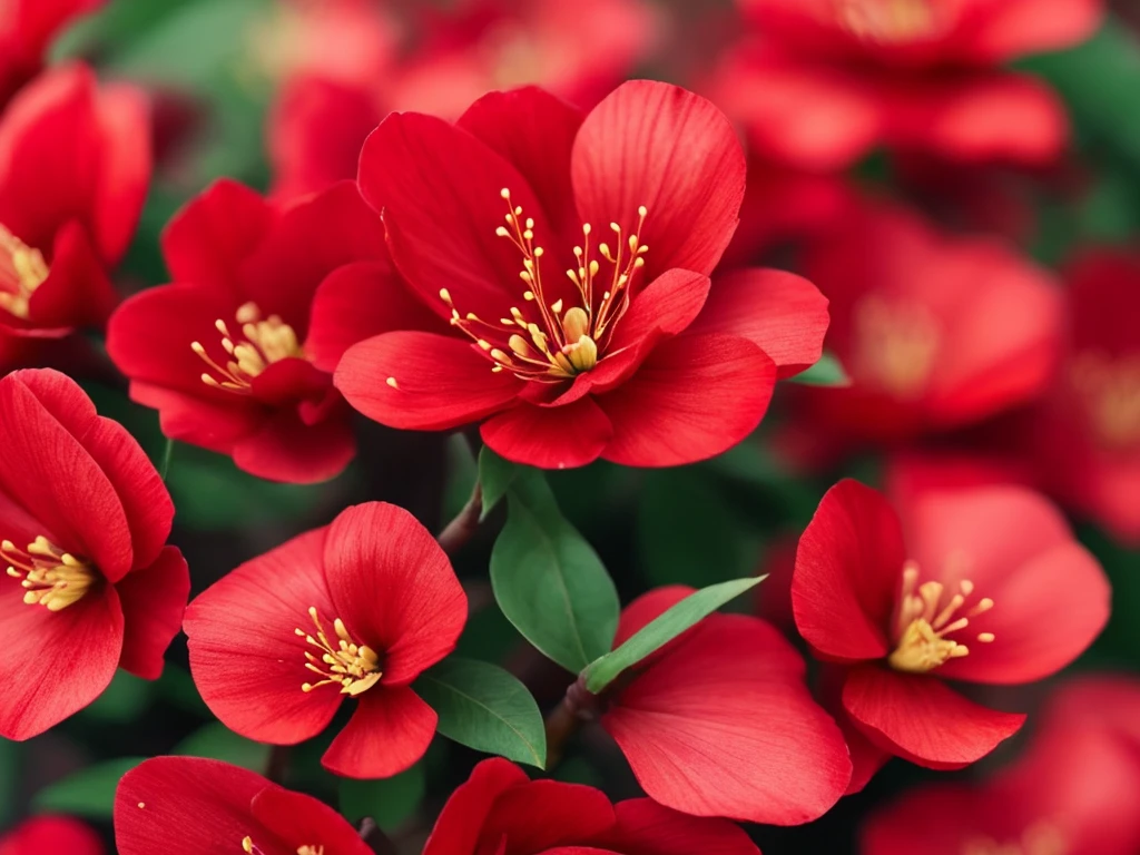 a close up of a red flower with a blurry background, plum blossom, beautiful flower, red blooming flowers, 🌺 cgsociety, red flower, glowing red, beautiful detail, beautiful detail and color, fine details. red, red flowers, vibrant red colors, beautiful!!!!!!!!!, beautiful vibrant colors, beautiful colours, vibrant but dreary red