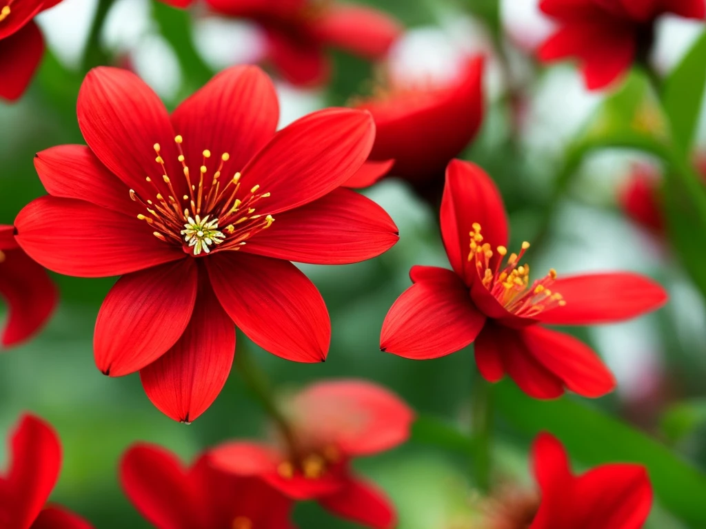 a close up of a red flower with a blurry background, plum blossom, beautiful flower, red blooming flowers, 🌺 cgsociety, red flower, glowing red, beautiful detail, beautiful detail and color, fine details. red, red flowers, vibrant red colors, beautiful!!!!!!!!!, beautiful vibrant colors, beautiful colours, vibrant but dreary red