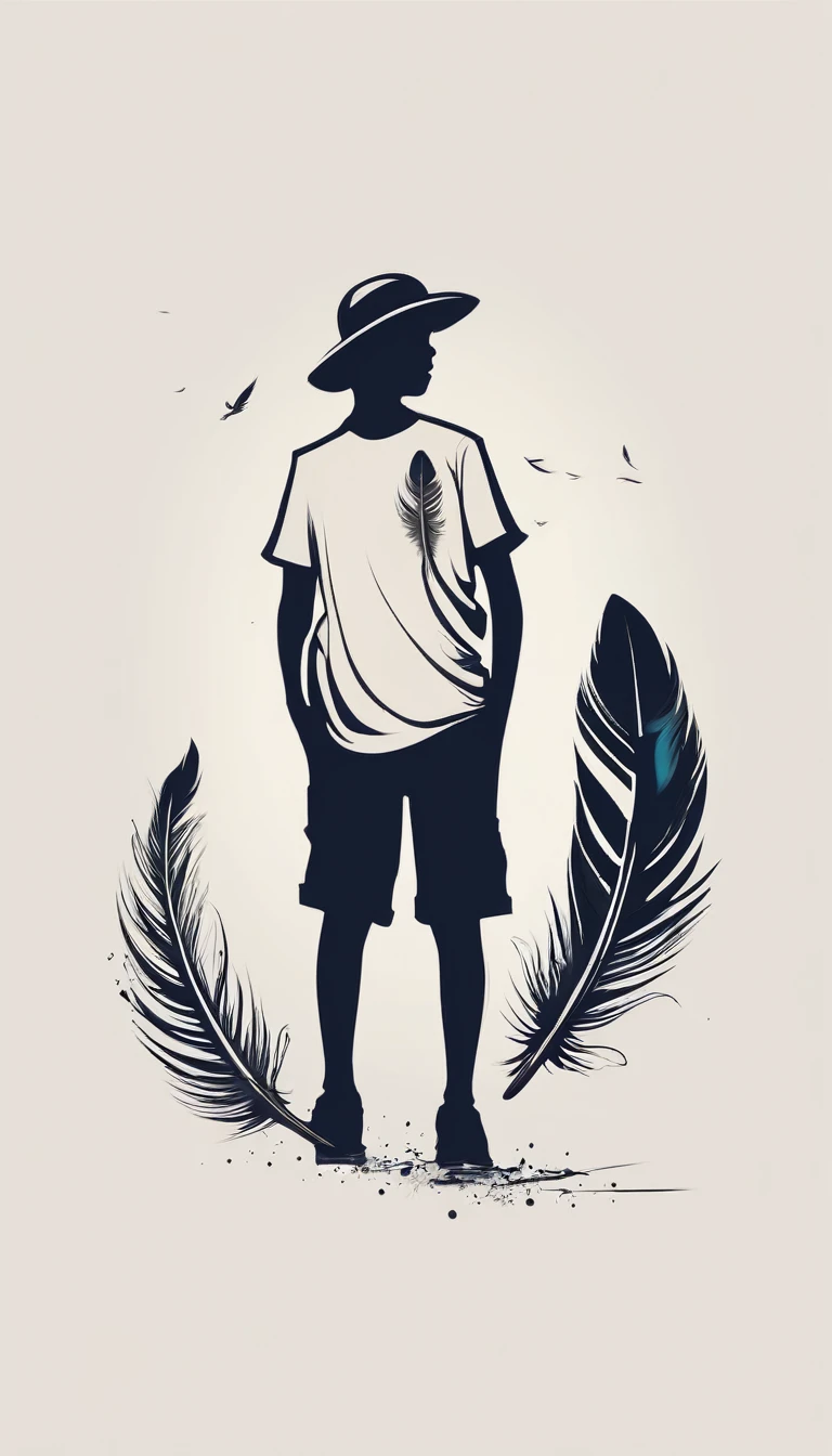 Create a minimalistic, simple, fantastic, easy to understand, logo design of a boy chasing memories with a feather.