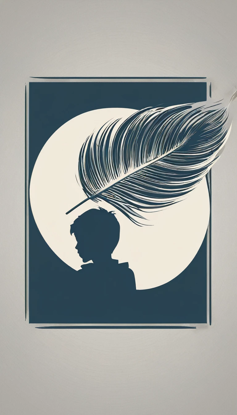 Create a minimalistic, simple, fantastic, easy to understand, logo design of a boy chasing memories with a feather.