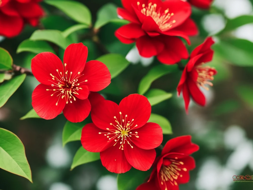 a close up of a red flower with a blurry background, plum blossom, beautiful flower, red blooming flowers, 🌺 cgsociety, red flower, glowing red, beautiful detail, beautiful detail and color, fine details. red, red flowers, vibrant red colors, beautiful!!!!!!!!!, beautiful vibrant colors, beautiful colours, vibrant but dreary red