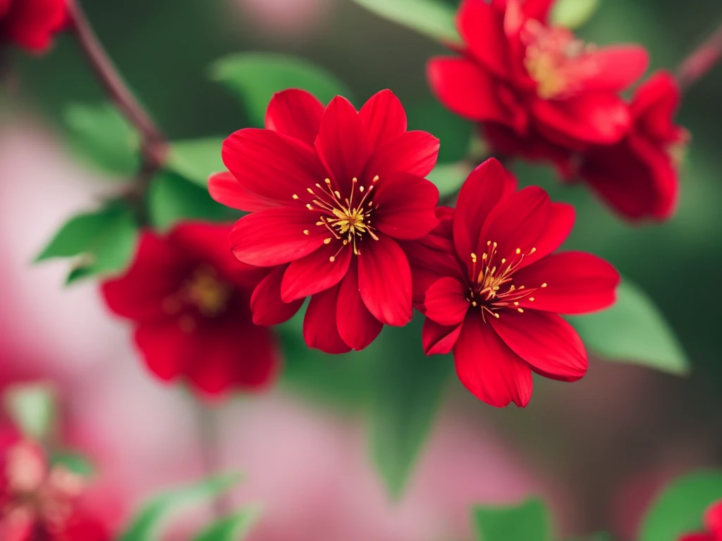 a close up of a red flower with a blurry background, plum blossom, beautiful flower, red blooming flowers, 🌺 cgsociety, red flower, glowing red, beautiful detail, beautiful detail and color, fine details. red, red flowers, vibrant red colors, beautiful!!!!!!!!!, beautiful vibrant colors, beautiful colours, vibrant but dreary red