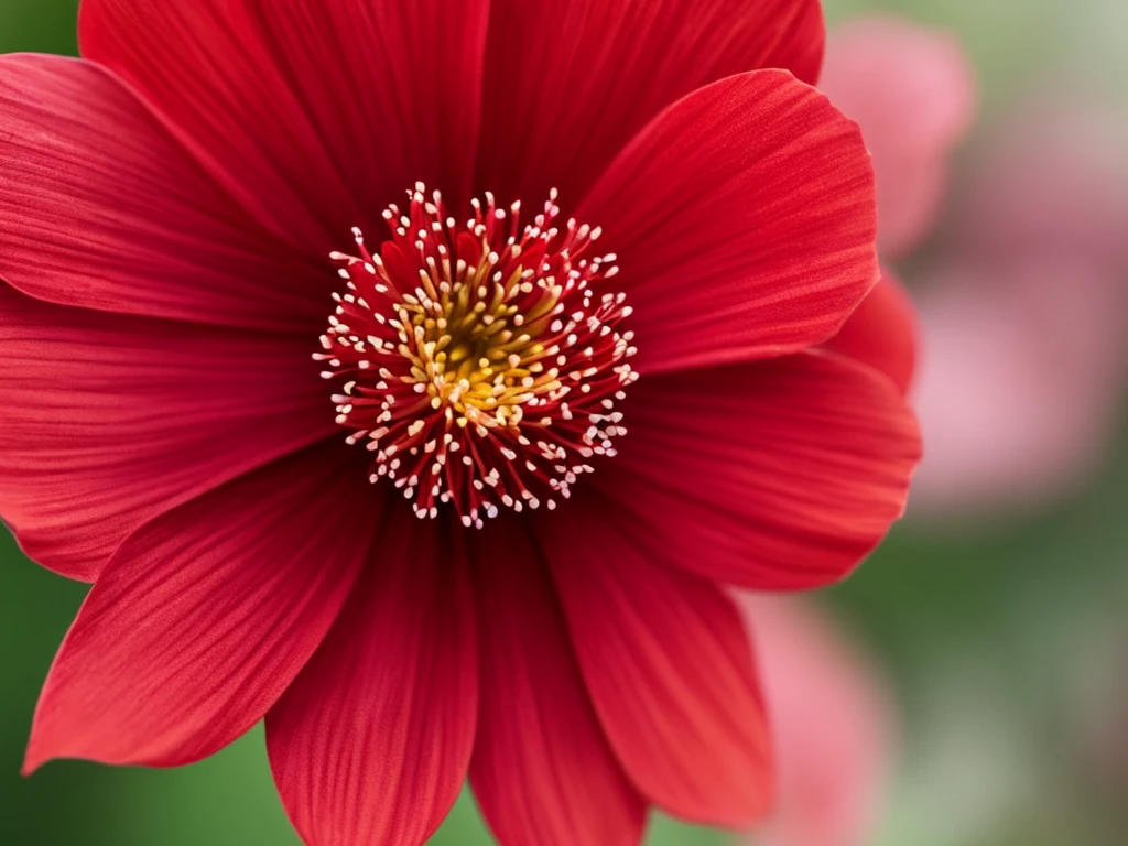 a close up of a red flower with a blurry background, plum blossom, beautiful flower, red blooming flowers, 🌺 cgsociety, red flower, glowing red, beautiful detail, beautiful detail and color, fine details. red, red flowers, vibrant red colors, beautiful!!!!!!!!!, beautiful vibrant colors, beautiful colours, vibrant but dreary red