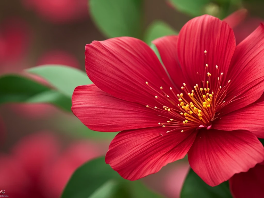 a close up of a red flower with a blurry background, plum blossom, beautiful flower, red blooming flowers, 🌺 cgsociety, red flower, glowing red, beautiful detail, beautiful detail and color, fine details. red, red flowers, vibrant red colors, beautiful!!!!!!!!!, beautiful vibrant colors, beautiful colours, vibrant but dreary red