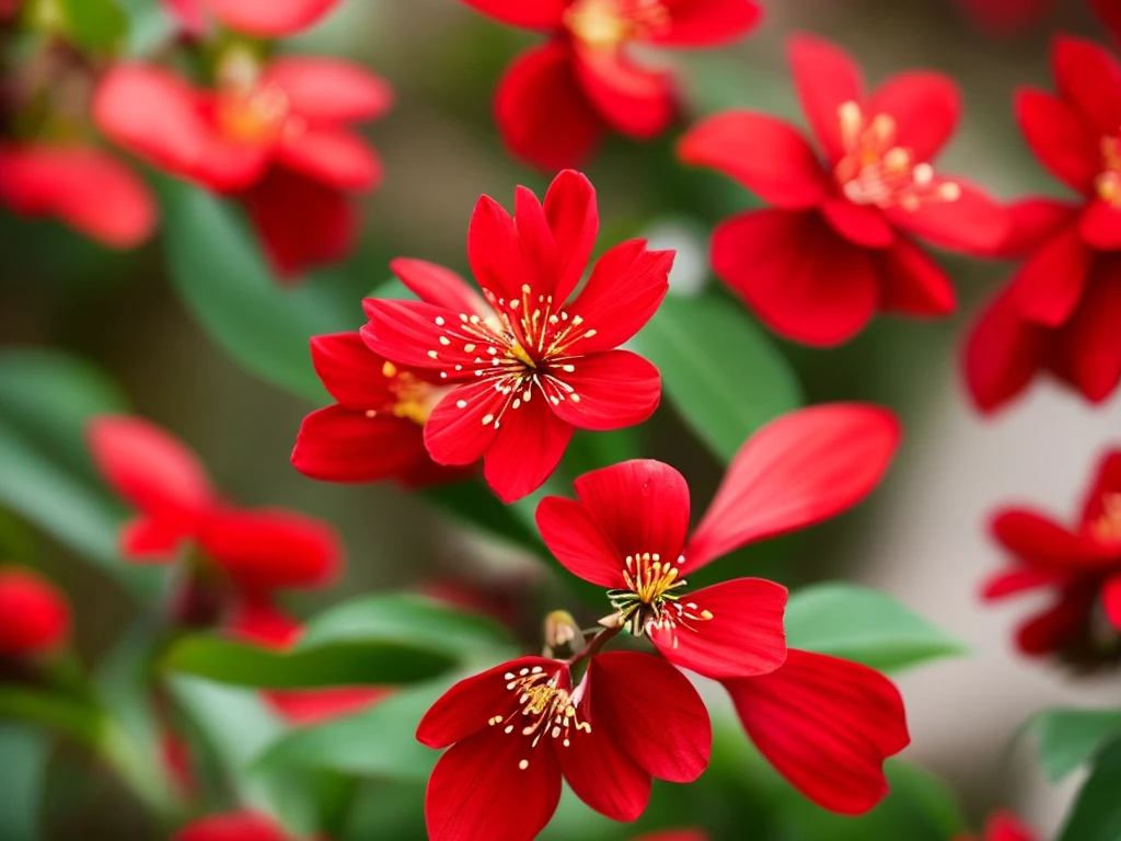 a close up of a red flower with a blurry background, a macro photograph by Liang Kai, flickr, art nouveau, plum blossom, beautiful flower, red blooming flowers, 🌺 cgsociety, red flower, glowing red, beautiful detail, fine details. red, beautiful detail and color, red flowers, vibrant red colors, beautiful!!!!!!!!!, beautiful vibrant colors, beautiful colours