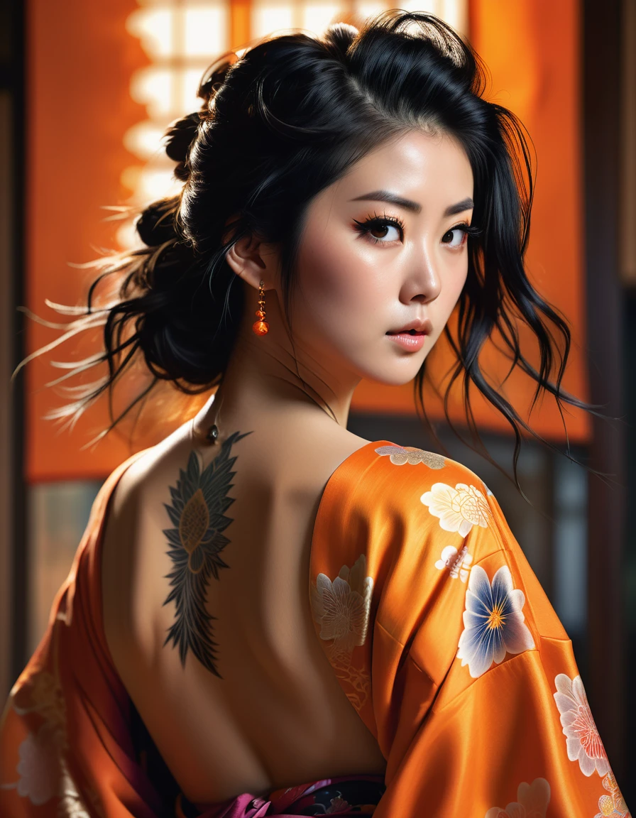 a beautiful japanese girl, middle long black hair, messy hair, hairpin, tattoo on bare back, solemn expression, traditional vibrant orange kimono, dramatic lighting, photorealistic, ultra-detailed, realistic, vivid colors, concept art, best quality, 8k, highres, masterpiece, physically-based rendering,extreme detail description, professional