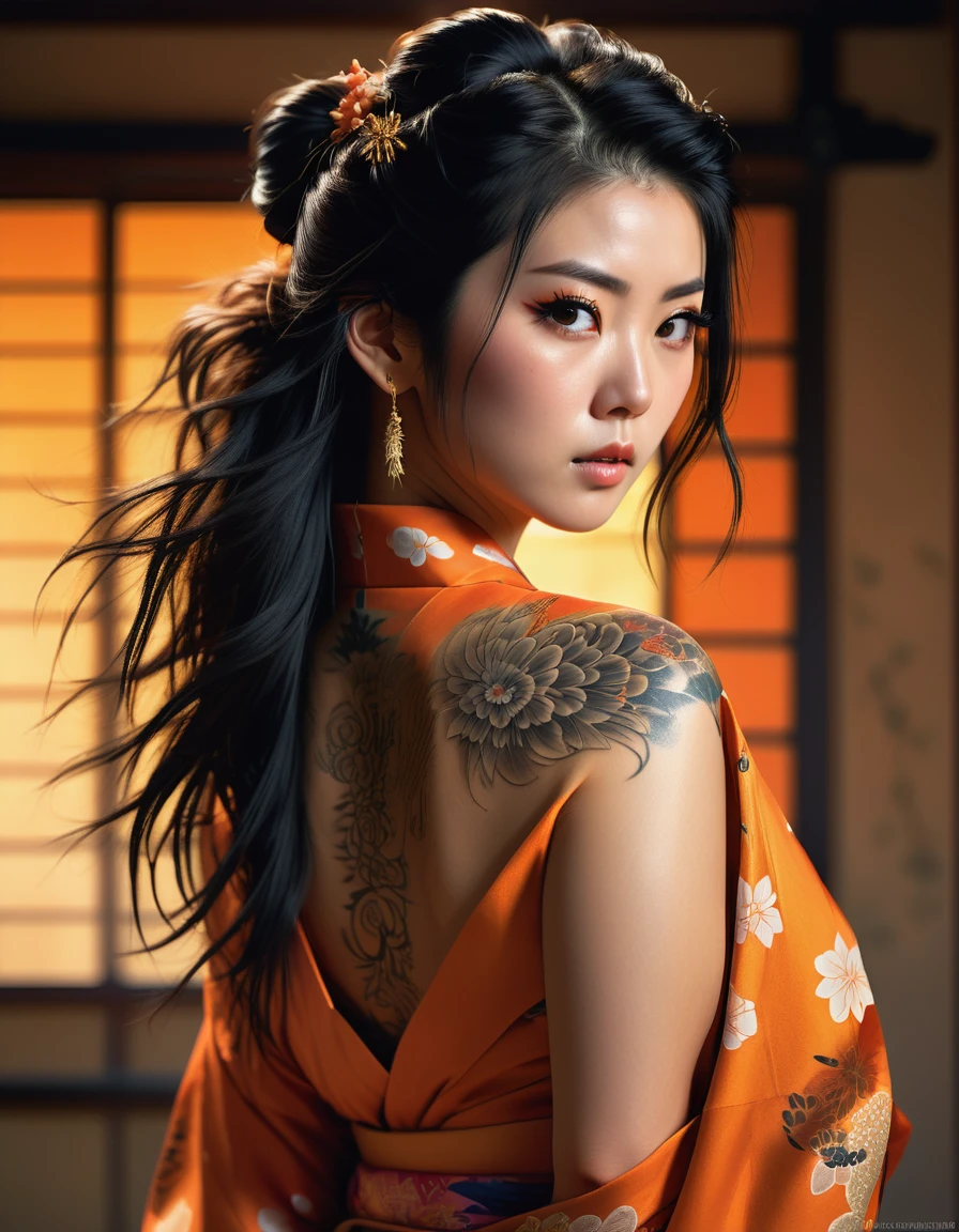 a beautiful japanese girl, middle long black hair, messy hair, hairpin, tattoo on bare back, solemn expression, traditional vibrant orange kimono, dramatic lighting, photorealistic, ultra-detailed, realistic, vivid colors, concept art, best quality, 8k, highres, masterpiece, physically-based rendering,extreme detail description, professional