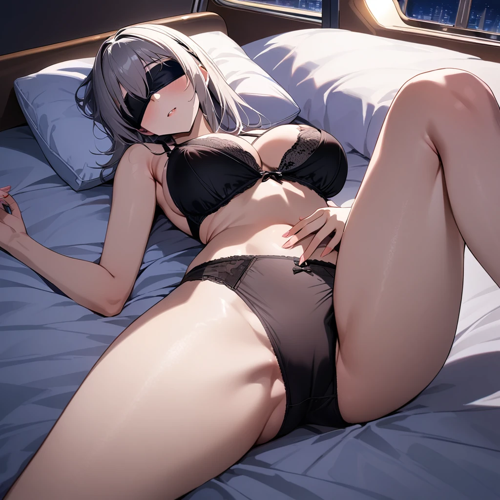 masterpiece,Female college student lying on bed,Bra and panties,night,Lights out,blindfold,Sleeper train,Big Breasts,slim,Leg spread,