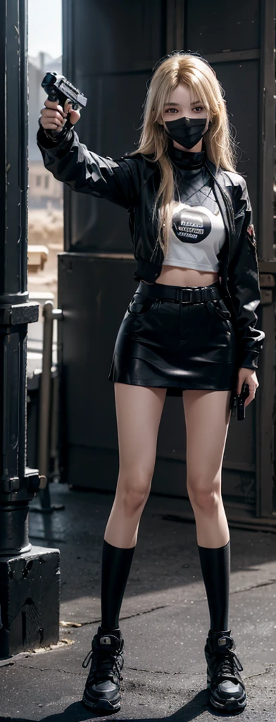A black sun protection suit,Black miniskirt,Black sneakers,long legs,Wear a black mask,blond,Blonde hair woman,(((aiming at viewer,holding pistol,handgun))),,Smiling emoticon,Full body close-up,Desert town background