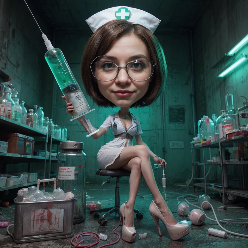 foto realistic ,high detailed,16K,nurse caricature 4D with big head, holding a syringe, wearing laboratory outfit, with hihg heels,in the mix dark and green, abondoned futuristic lab background, spooky but funny atmosphere