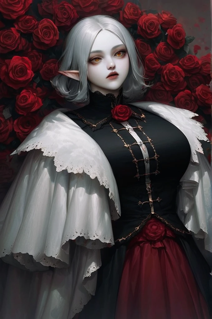 ((Лучшее качество)), ((шедевр)), (подробный), elf, vampire, black medium hair, gothic clothes, gothic, yellow eyes, blank stare, tall, medium hair, short bangs, pale skin, gothic style, blood, background of many bloody roses, lies in roses, bloody background, gothic aesthetics, plump lips