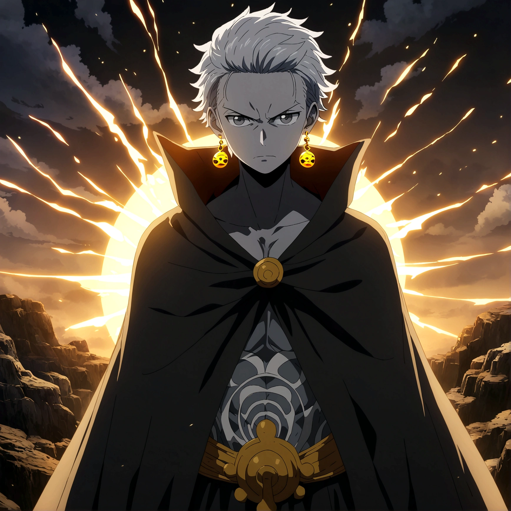 Male, gray skin, lean and defined body, long gray hair shaved on the left side, gray eye, sun-shaped earring, cloak with sun symbol, serious expression, focus on the face, "Anime design inspired by One Piece, filled with dramatic and impressive lighting, infused with creative details, ultra-fine 2D design, scenery bathed in creativity, boasting 2D anime resolution clarity, HD anime graphics, high-octane rendering"