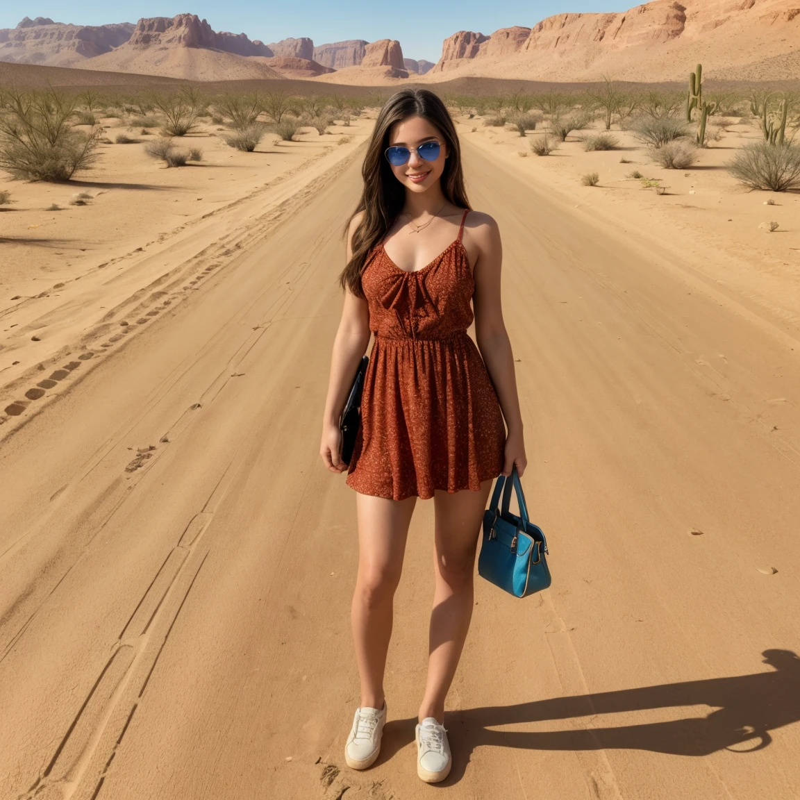 a girl, 28 years old, ((best quality)), ((detailed)),(masterpiece), (American), ((blue eyes)) long hair, freckles, red lips, slightly smiling, standing, sunglasses on her face, wearing a colorful short dress, small handbag in one hand,  ((desert carpet road background in side)), capture to thighs