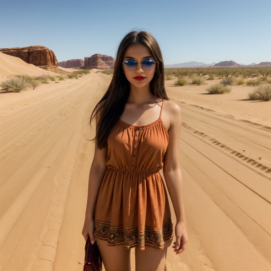 a girl, 28 years old, ((best quality)), ((detailed)),(masterpiece), (American), ((blue eyes)) long hair, freckles, red lips, slightly smiling, standing, sunglasses on her face, wearing a colorful short dress, small handbag in one hand, ((desert carpet road background in side)), capture to thighs