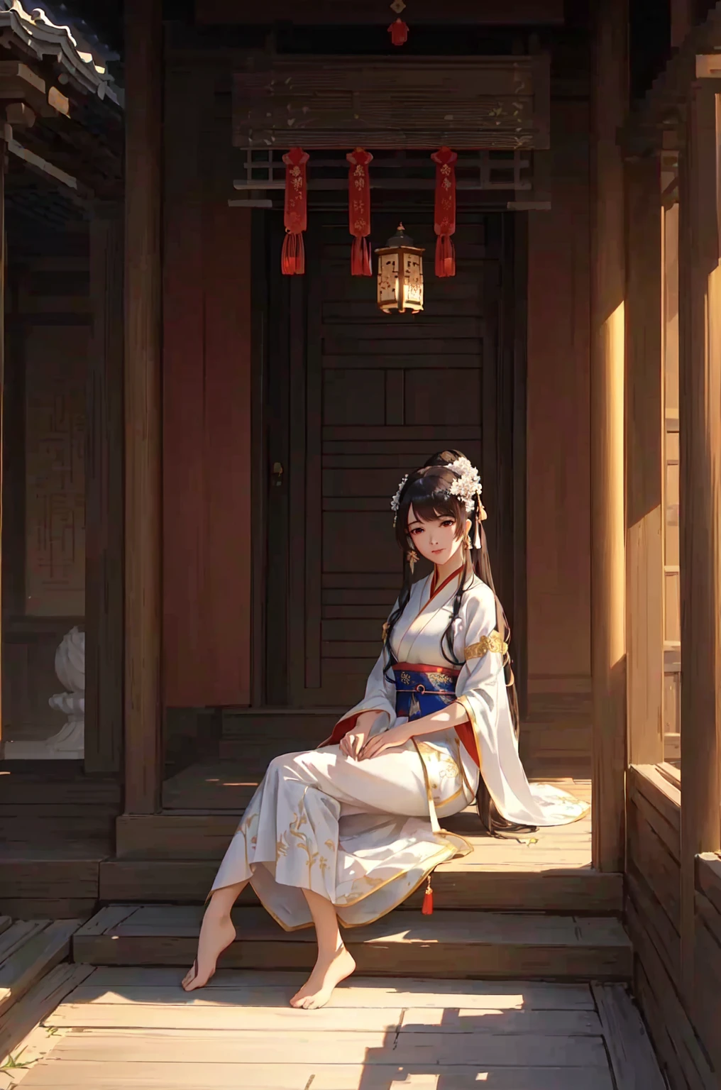A woman in traditional dress sits on the porch, palace , Girl wearing Hanfu, artwork in the style of Gu Weiss, Gu Weiss, Popular on cgstation, Gu Weiss masterpiece, Beautiful character painting, Keqing from genshin impact, White Hanfu, Smooth anime CG art, Artgerm 和 Atey Ghailan