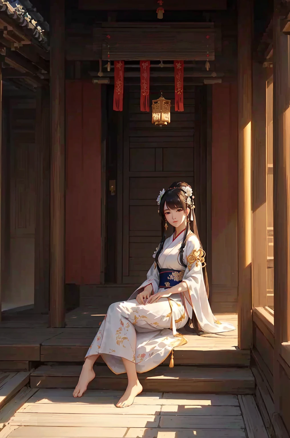 A woman in traditional dress sits on the porch, palace ， Girl wearing Hanfu, artwork in the style of Gu Weiss, Gu Weiss, Popular on cgstation, Gu Weiss masterpiece, Beautiful character painting, Keqing from genshin impact, White Hanfu, Smooth anime CG art, Artgerm 和 Atey Ghailan