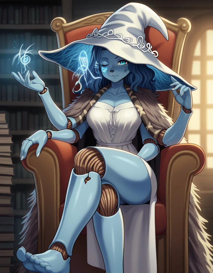 Score_9, score_8_up, score_7_up, , 1girl, solo, kemono style, ranni the witch from Elden Ring, one eye closed, magic symbol on closed eye, she’s an Anthro furry blue fox girl, fox snout, black nose, wavy hair, cracked skin, colored skin, blue fur, extra arms, four arms, doll joints, dress, hat, cloak, sitting on a fancy throne, in a library, legs crossed, front giew