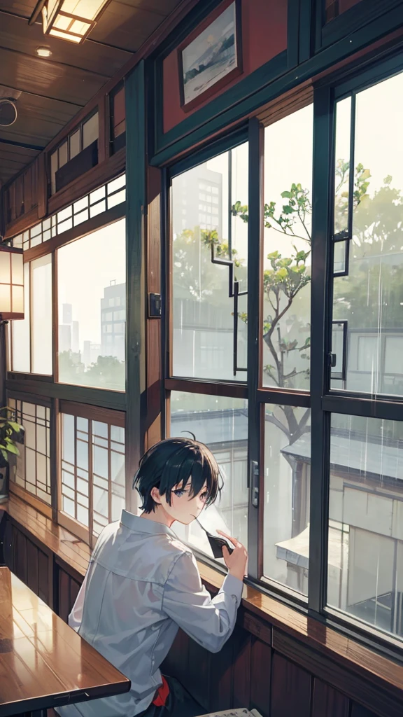 Scene of a cafe with rain falling outside the window, A boy is reading a book and drinking hot chocolate on a window seat, The warm light and calm expression are impressive., Japanese anime style