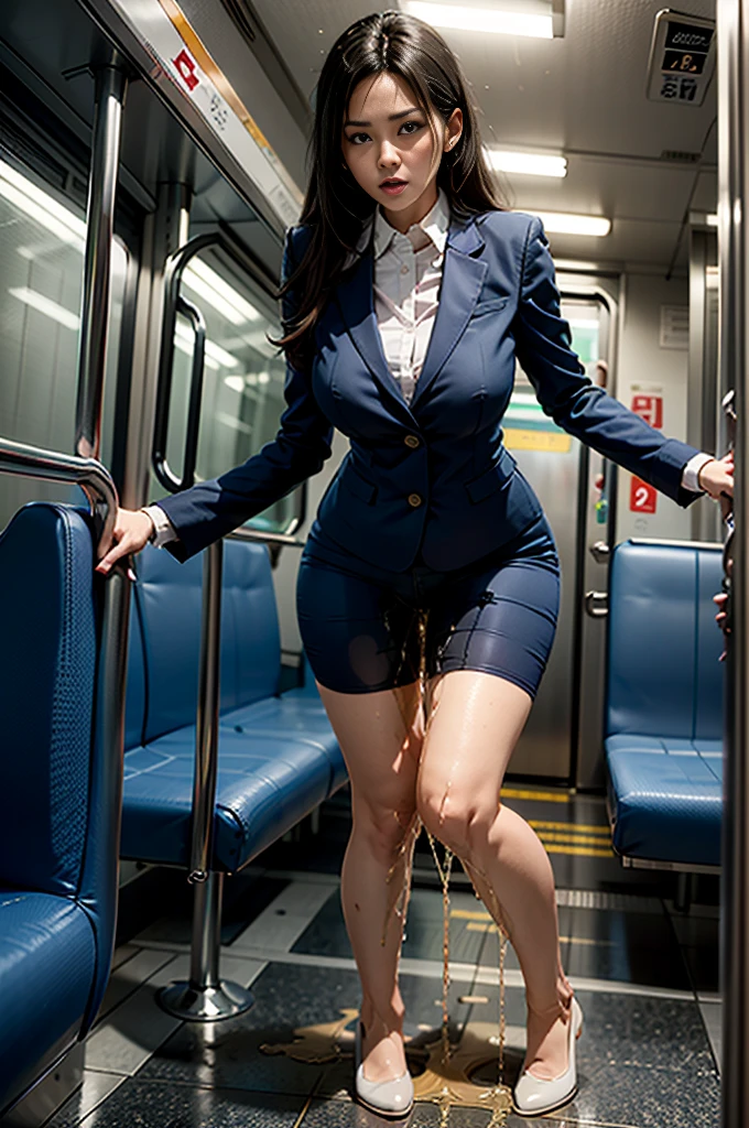 A female teacher pees on a crowded train、peeing herself、incontinence、人混みで身動きが取れずincontinence、A large amount of pee makes the lower half of the body very wet、White suit、Perfect figure、Extremely beautiful、The floor gets wet with pee、Female teacher is embarrassed