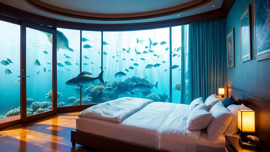8k、room、bed、Like a luxury hotel、Open World,seabed,amazing colors,Draw the underwater world,Fluctuations in fresh water,Fluctuating bubbles in water,Very wide angle shot,Fantastic artistic expression, Curved、Large windows、Sense of presence、Fish that look like they're about to jump out