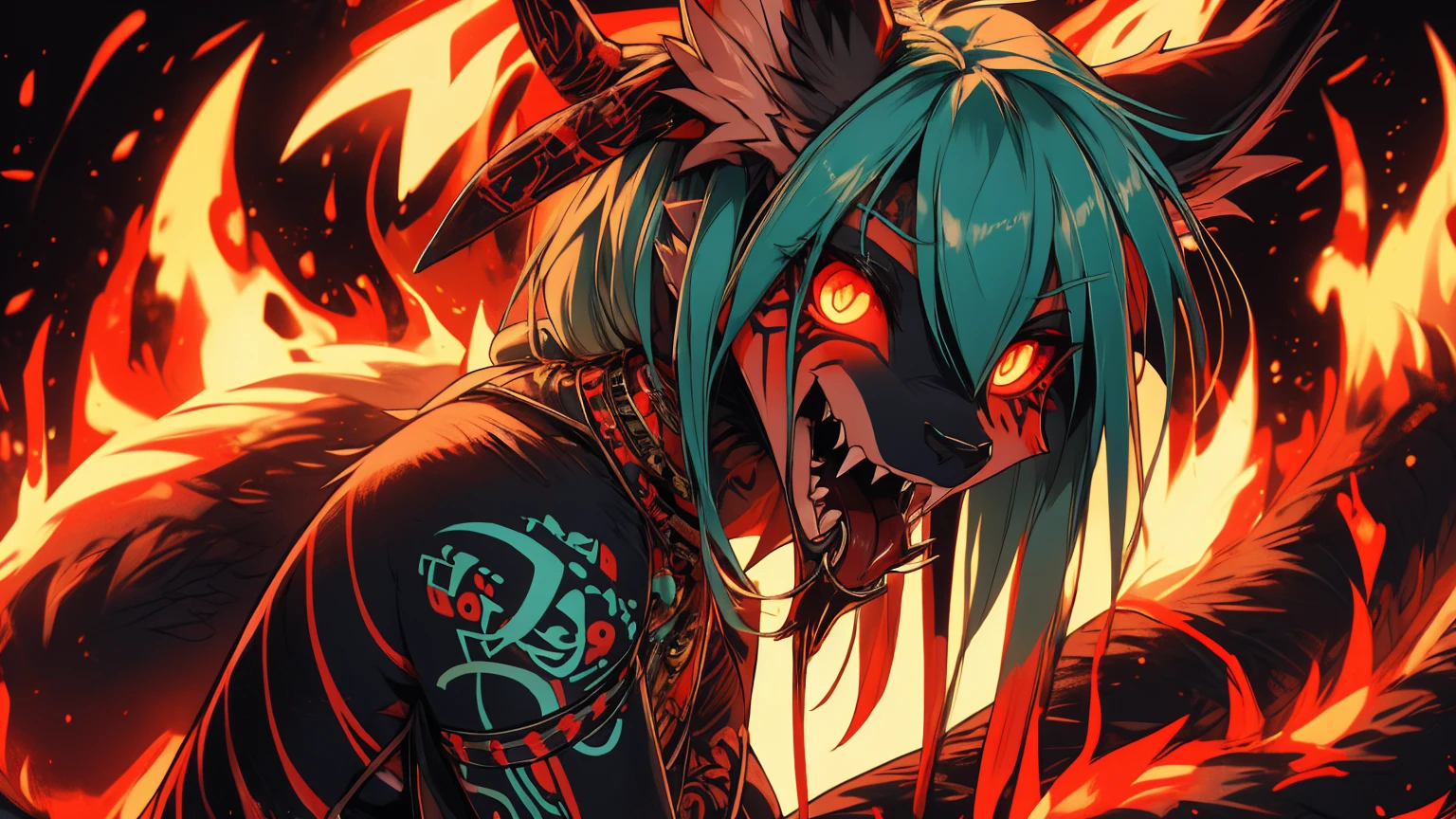 Miku Hatsune, add high definition_detail:1, blue fur,kitsune ears, tribal tattoo add_detail:1, in hell add_detail, diabolic girl, batwigns add_detail Ferocious fangs, sharp fangs, Demon yokai kitsune, long snake tongue add_detail:1