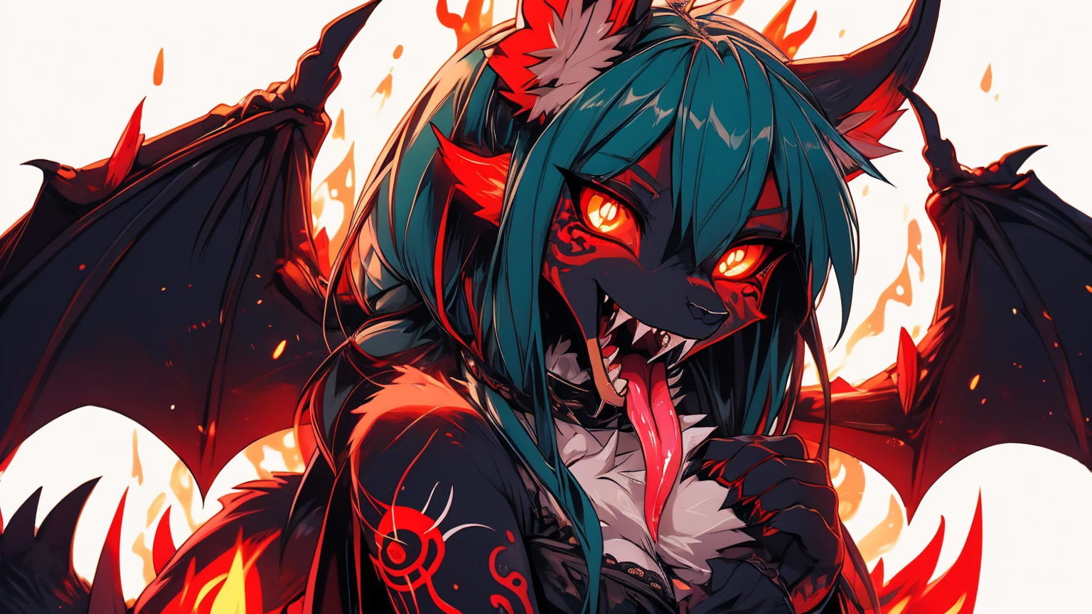 Miku Hatsune, add high definition_detail:1, blue fur,kitsune ears, tribal tattoo add_detail:1, in hell add_detail, diabolic girl, batwigns add_detail Ferocious fangs, sharp fangs, Demon yokai kitsune, long snake tongue add_detail:1