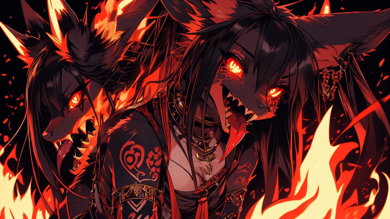 Miku Hatsune, add high definition_detail:1, blue fur,kitsune ears, tribal tattoo add_detail:1, in hell add_detail, diabolic girl, batwigns add_detail Ferocious fangs, sharp fangs, Demon yokai kitsune, long snake tongue add_detail:1