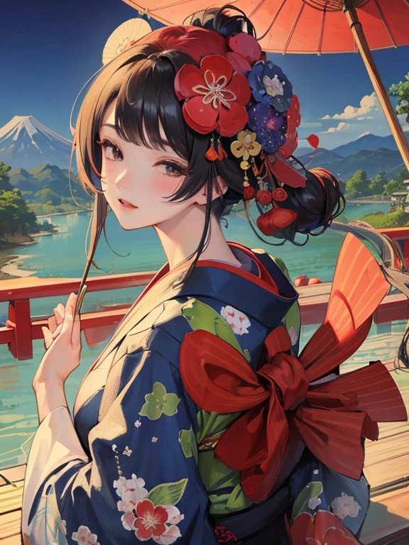 (Highest quality、masterpiece、High resolution、8K)、Vibrant colors、Ukiyo-e、Utamaro、Kimono Beauty、look back、bridge、river、Mount Fuji in the distance、Japanese style scenery、Official Art、