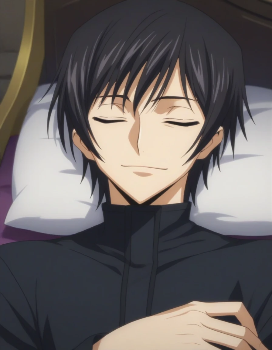 score_9, score_8_up, score_7_up, source_anime, rating_safe, intricate details, anime screencap, , , looking at viewer, depth of field, 1boy, solo, male focus, lelouch_lamperouge, black hair, purple eyes, bangs, smile, closed eyes, sleeping, cute, black pajamas costume, castle, bedroom, night.