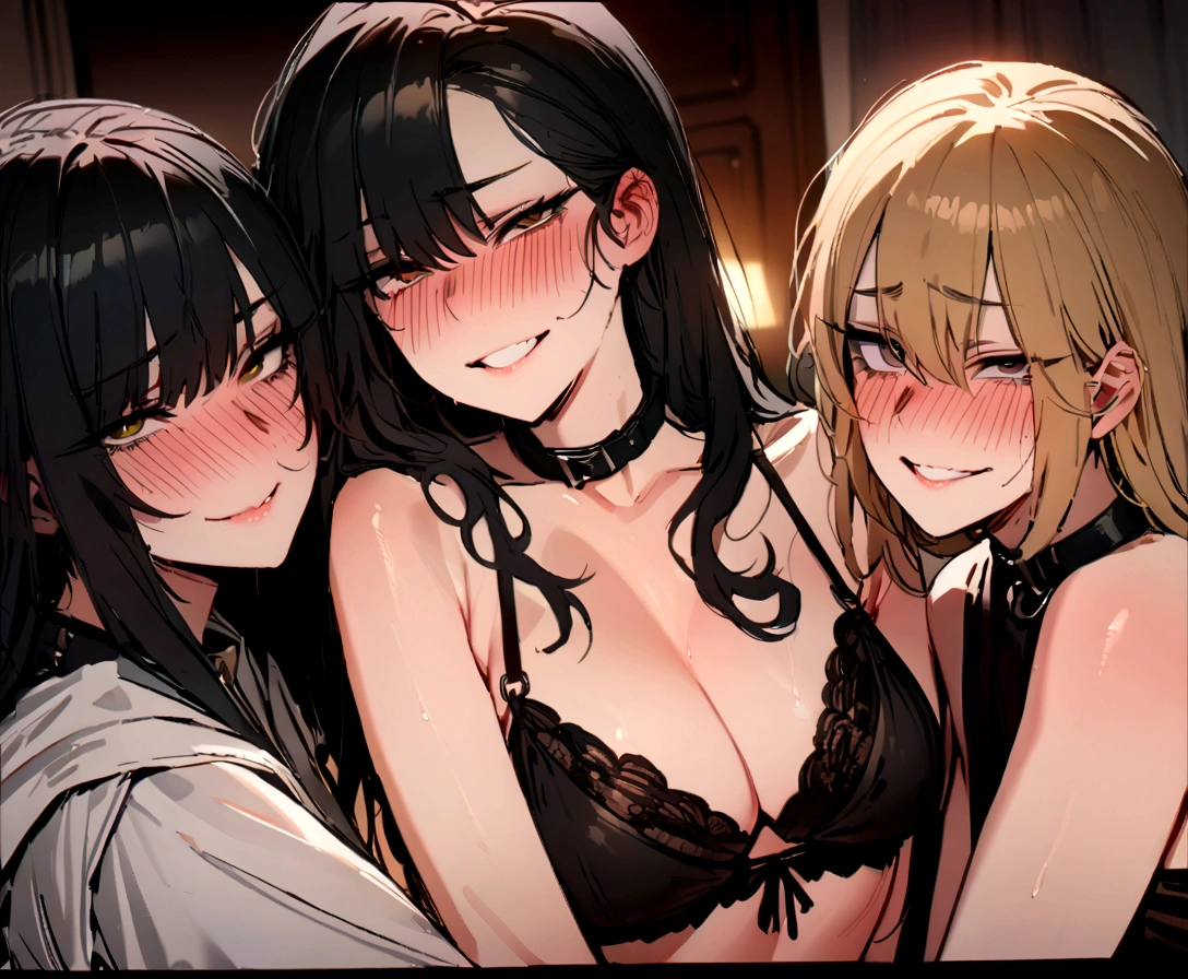 masterpiece, best quality, 4 Korean girls close to one another, deep blush, grin, black dog collar with a hart shape, black bra, black panties, looking at viewer, bedroom background