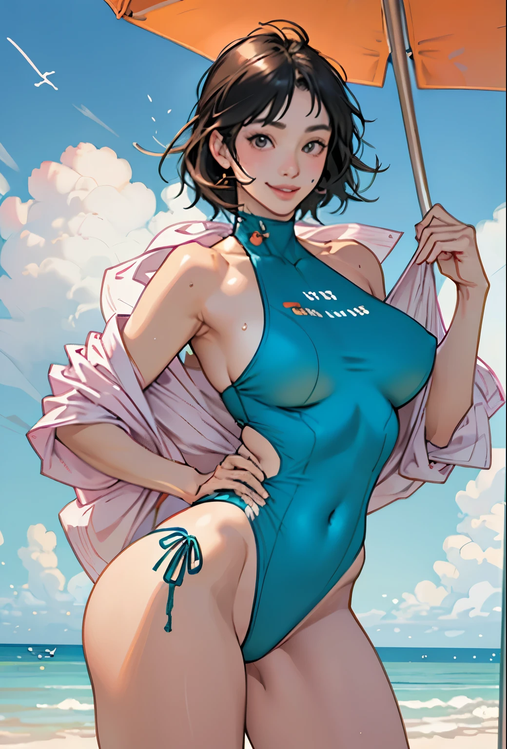 Realistic、Face reality、With a girl、Swimwear、Sexy smile、My breasts have gotten a little bigger、Sexy pose、From the front it looks like a one-piece, but from the back it looks like a mono bikini、