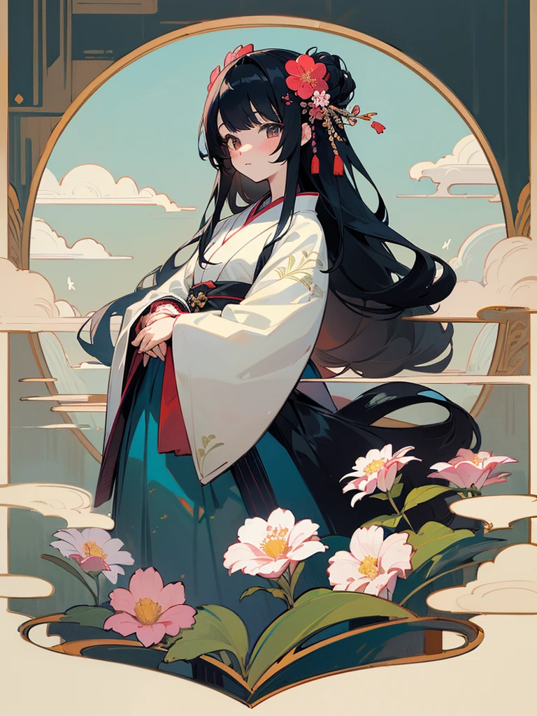 Highest quality)), ((masterpiece)), (detailed), One girl, Anime illustration、Japan girls、Long hair / black hair、Flower pattern hair ornament、It&#39;s summer、The scenery is a town with goldfish scooping、Wearing a yukata、