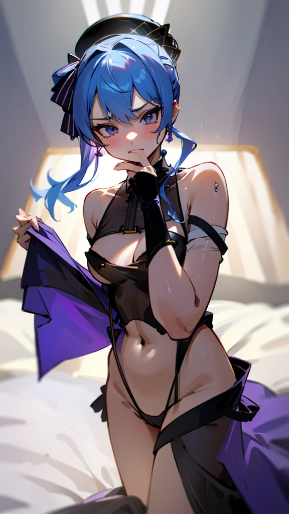 masterpiece, high quality, 4K, Beautiful design, Shiny, from the front, Very detailed, wonderful, The finer details, Absurd, Very detailed女性, Very detailed eyes and face, alone, leotard、One girl,Embarrassing anger(0.4:0.6)、Cover your body with your hands、presenting、Inside the Hotel、Bed in the background、Red-purple dim lighting、nipples through、pussy line、cameltoe、
