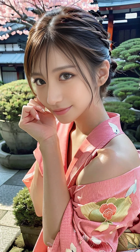 (Photorealsitic:1.4), (Top image quality:1.0), (超A high resolution:1.0), 8K, Raw photography, (masterpiece:0.2), (pureerosface_v1:0.5)、(Best Quality Detail:1.2)、realisitic、8K UHD、hight resolution、(1girl in:1.2)、The ultra-detailed、High quality textures、intricate detailes、detaileds、Very detailed CG、High quality shadows、Detail Beautiful delicate face、Detail Beautiful delicate eyes、depth of fields、Ray traching,1girl in, japanaese girl, Cute,Natural face、 slender, Black kimono, Kimono with Japanese pattern,Floral scrunchie, Beautiful skin, Facing the front,Sit down, Sit upright and say thank you,Align your hands elegantly,Smile faintly The Land of Japan,Japanese garden,Luxury Japanese-style room, skyporn, Magic Hour, (Realistic:1.3), Finely detailed, quality, (masutepiece:1.2), (Photorealistic:1.2), (Best Quality), (Intricate details), Dramatic, Ray tracing, photograph, +Lola、off shoulders、A sexy Gal valley