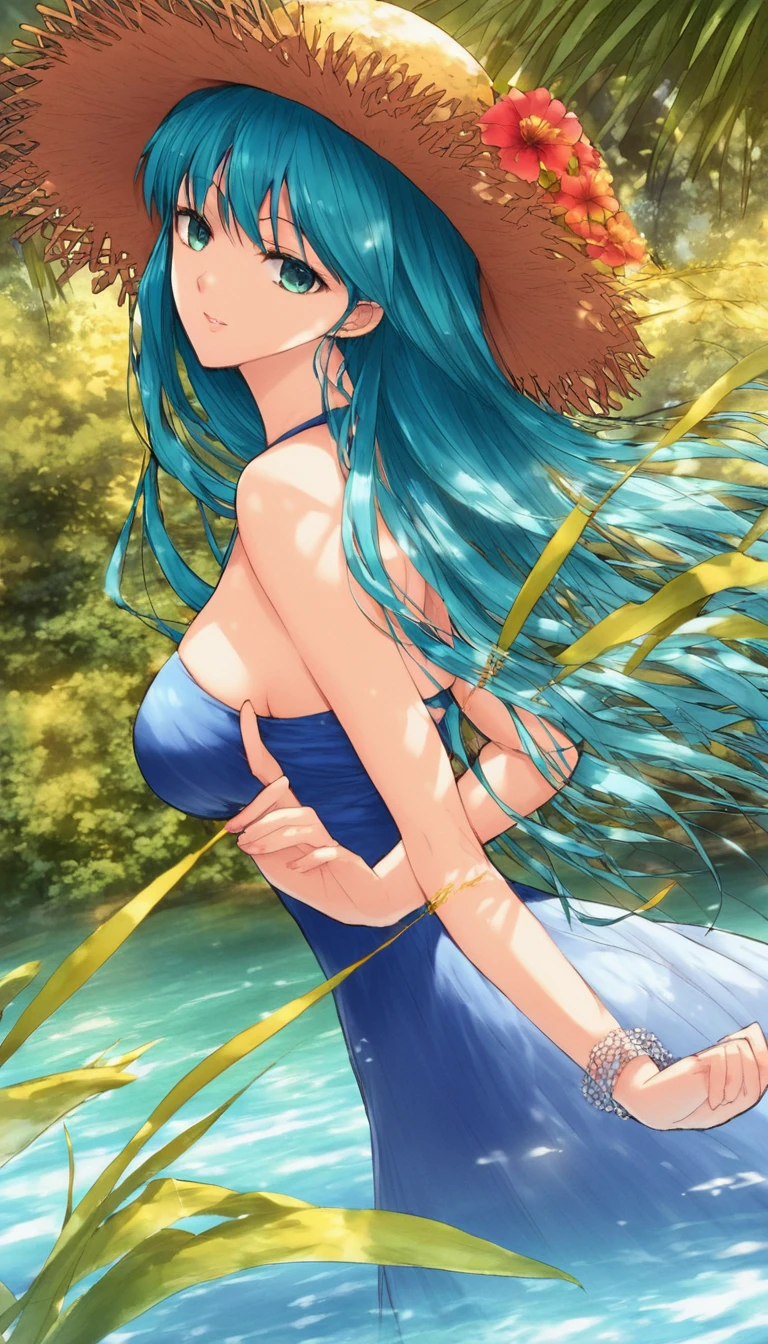 Blue haired anime girl in a straw hat and blue dress, artwork in the style of Gwaiz, Beautiful anime portraits, Gwaiz, Beautiful Anime Girls, beautiful Anime Style, Turquoise hair anime girl, Anime Style. 8K, In the art style of Bouwater, Beautiful digital illustrations, Beautiful character drawings, Stunning Anime Face Portraits, hugebreasts