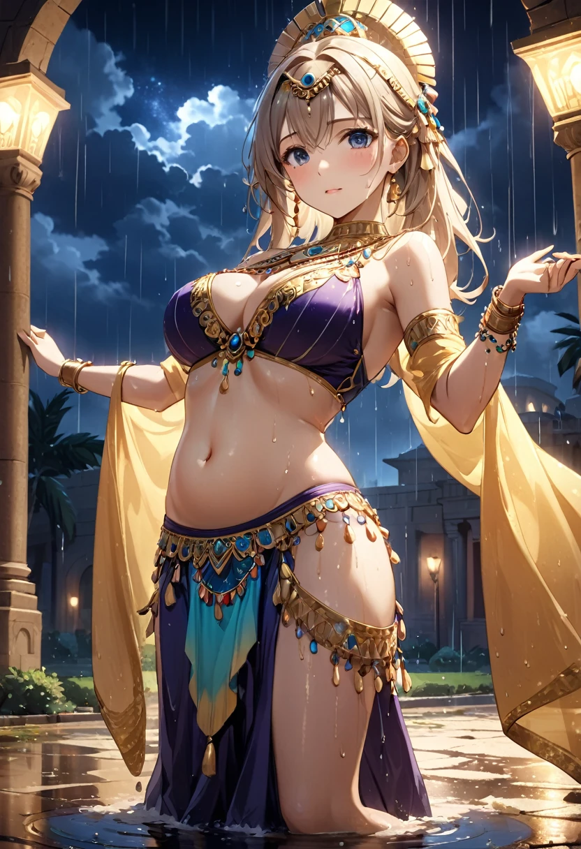 Highest quality, Super quality, 16K, Incredibly absurd, Very detailed, 2.5D, delicate and dynamic, Movie Scenes, official, Poster Design, Egypt, Night Sky, Rain Clouds, , Palace Garden, Ancient Roman ruins, Rainy night, , , wet road, puddle, puddleに光が反射, , , Small face, Extremely delicate facial expression, Delicate eye depiction, Upper body close-up, erotic, sole sexy lady, healthy shaped body, 25 years old lady, Cool woman, 170cm tall, big firm bouncing busts, belly dancer, Belly Dance Costumes, 複雑な構造のBelly Dance Costumes, 華やかなBelly Dance Costumes, , Sandals, Alluring, Sad expression, Wet with rain, Alluringな踊り, Belly dancing in the rain,