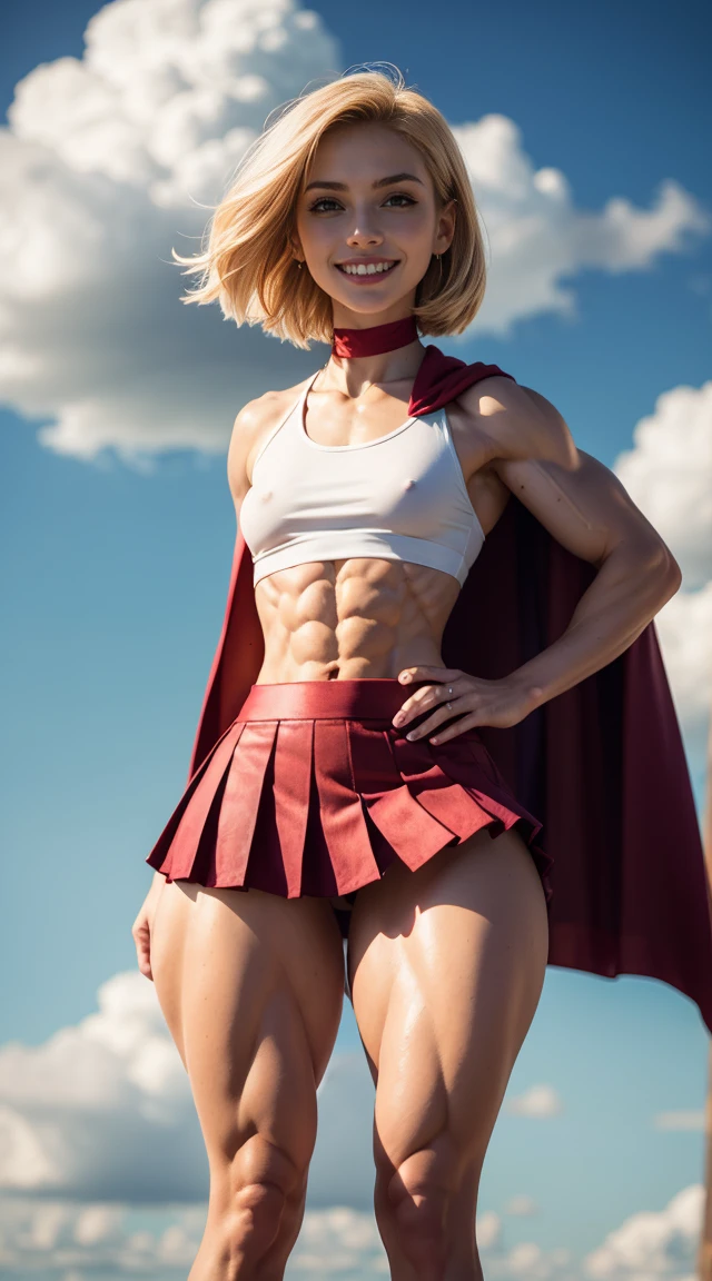(Muscular:2), (thick thighs:2),
(blonde female:1.3), supergirl, (big smile:1.4), (android 18 haircut),
earrings, lipstick, eyeshadow,
(hard nipples:1.2),
(small red cape:1.3), (pleated skirt:1.4), (tanktop, midriff:1.2), choker,
(looking at viewer:1.6), (three quarter view), (upper body view:1.9), lowlegp,
(floating in midair, sky and clouds background:1.3), rim lighting, two tone lighting, dim lighting, bokeh, detailed skin, detailed eyes
