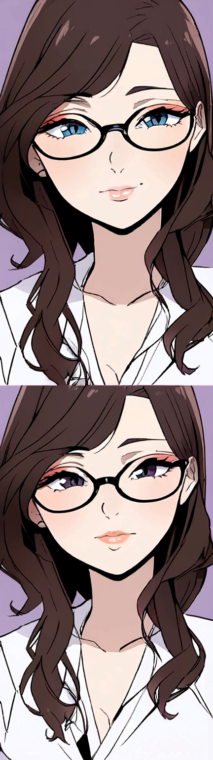 {8k image}, 1beautiful mature woman, 35 years old, pointed nose, fleshy lips, triangular face, big hair with bangs (wine), blue eyes, {looking directly at the viewer}, {facing forward}, {perfect anatomy}, {image focused only on the face}, {face portrait}, purple background, glasses