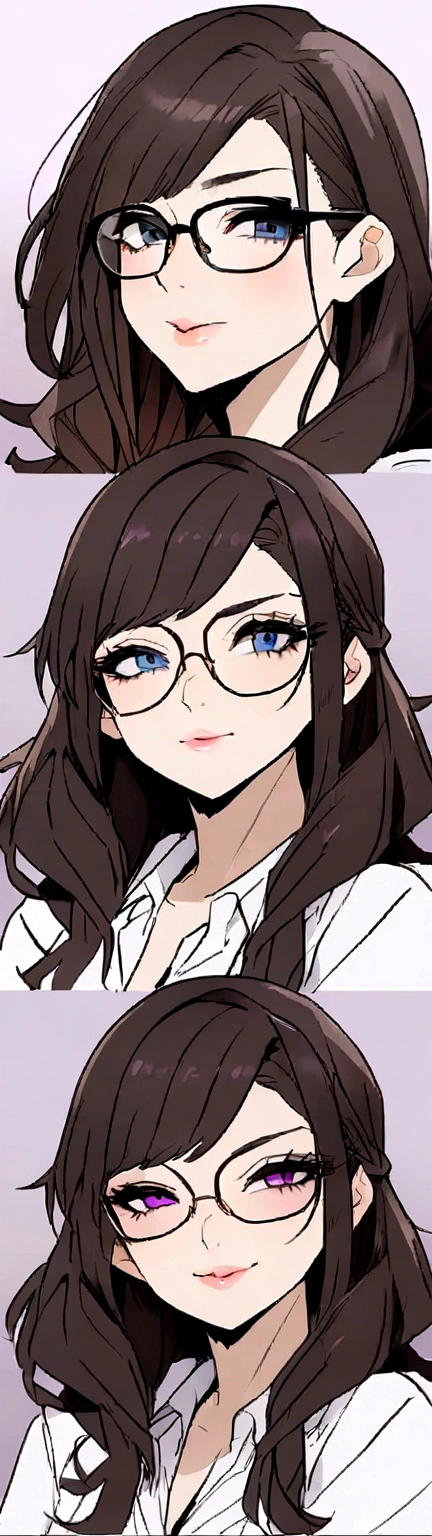 {8k image}, 1beautiful mature woman, 35 years old, pointed nose, fleshy lips, triangular face, big hair with bangs (wine), blue eyes, {looking directly at the viewer}, {facing forward}, {perfect anatomy}, {image focused only on the face}, {face portrait}, purple background, glasses