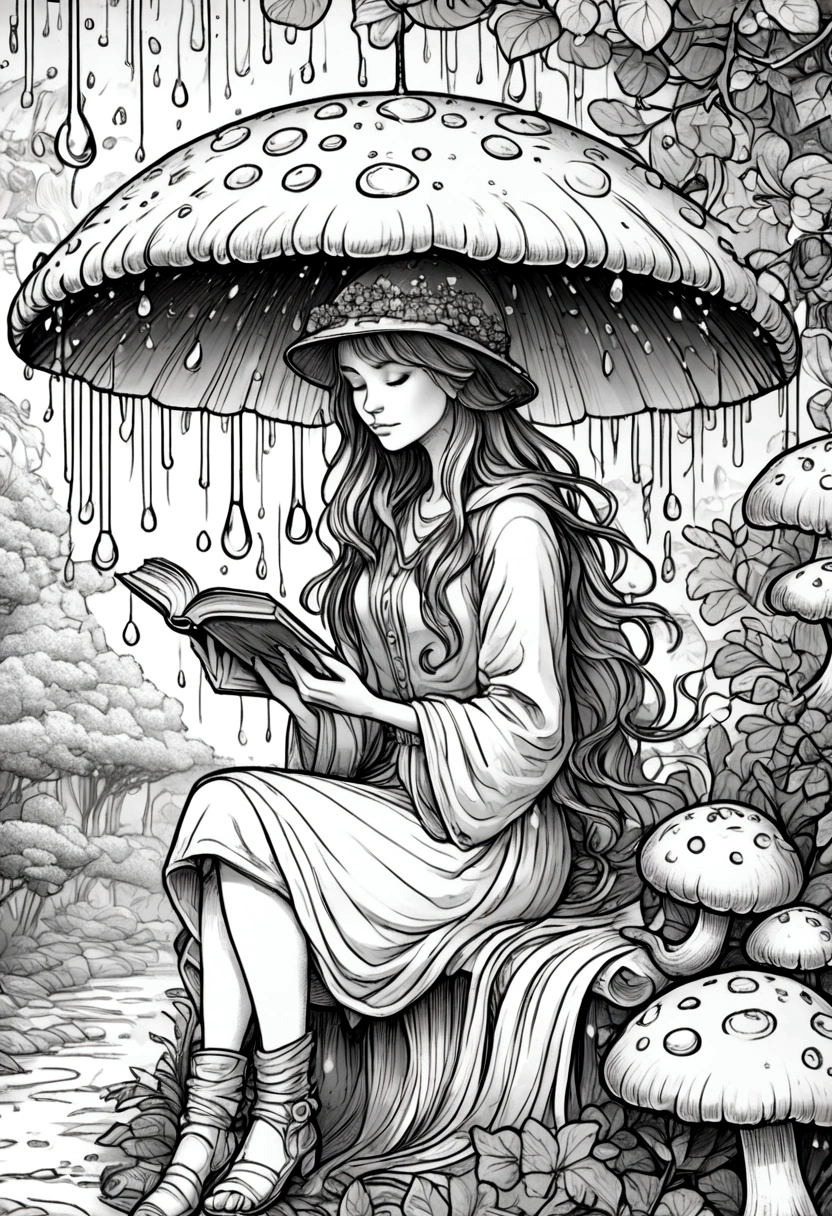 A fairy reading a book under a mushroom umbrella during a light rain, clean line art, white background, colouring page, clean outline, sketch style, floral frame, decorative panel, abstract ,sketch, character lines and scenes without colors and shadows. (Masterpiece, Best Quality, Highres:1.4), Detailed, Intricate Details, 4K, color splashes, line art